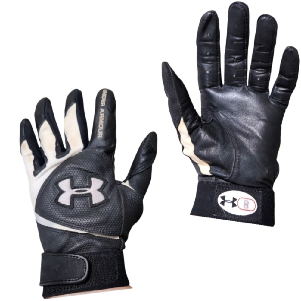 Under Armour Logo Leather Baseball Batting Gloves Black/White (M)